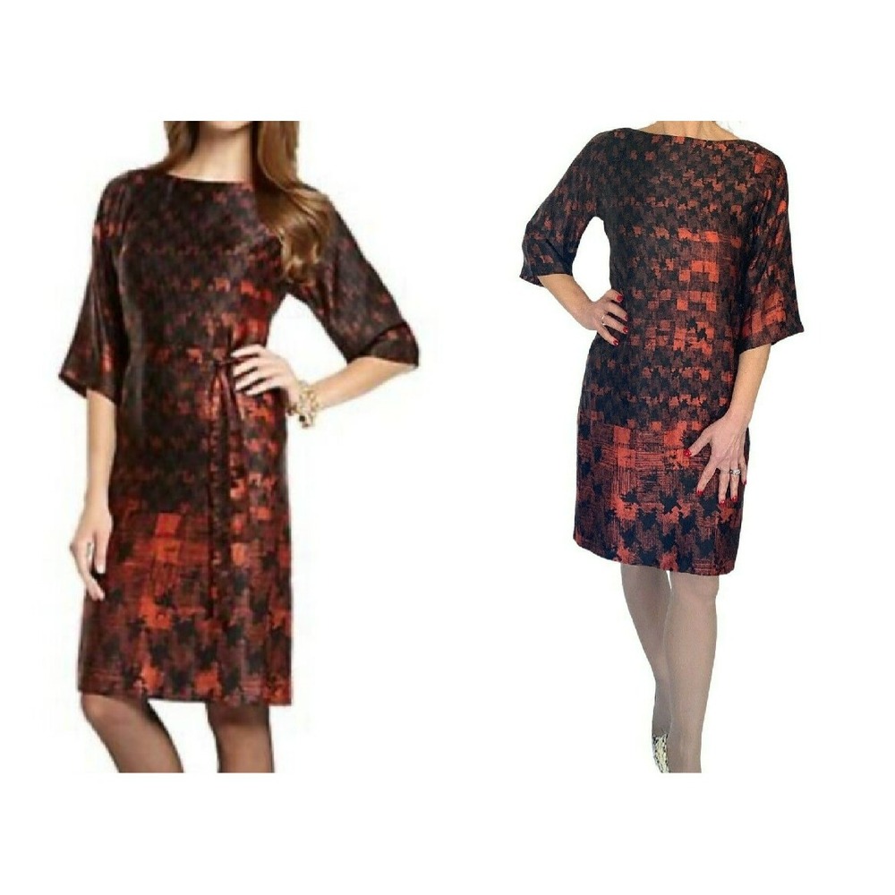 BOSS Hugo Boss Orange Black Silk Houndstooth Half Sleeve Shift  Sheath Dress 0